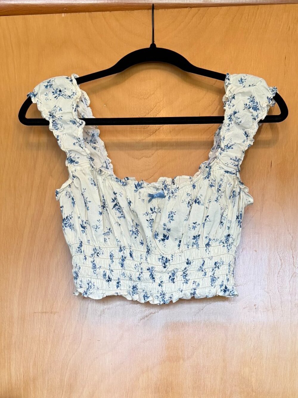 Floral Smocked Crop Top - White with Blue Floral